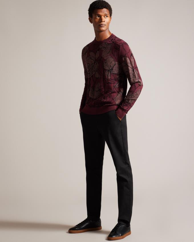 Pull Ted Baker Wool Blend Jacquard Floral Bordeaux Homme | NGG-45359340